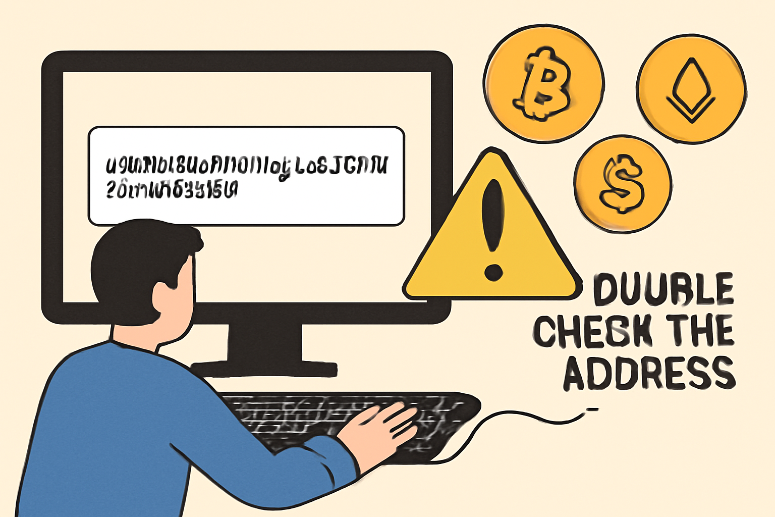 A person carefully typing a crypto wallet address on a computer, with a warning sign about double-checking addresses, and digital coins in the background.