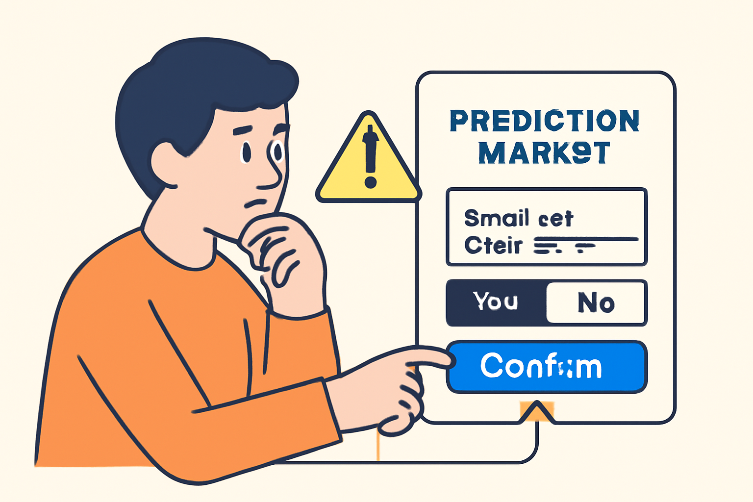 A thoughtful person placing a small bet on a prediction market platform, with a highlighted 'Confirm' button and a caution sign nearby.