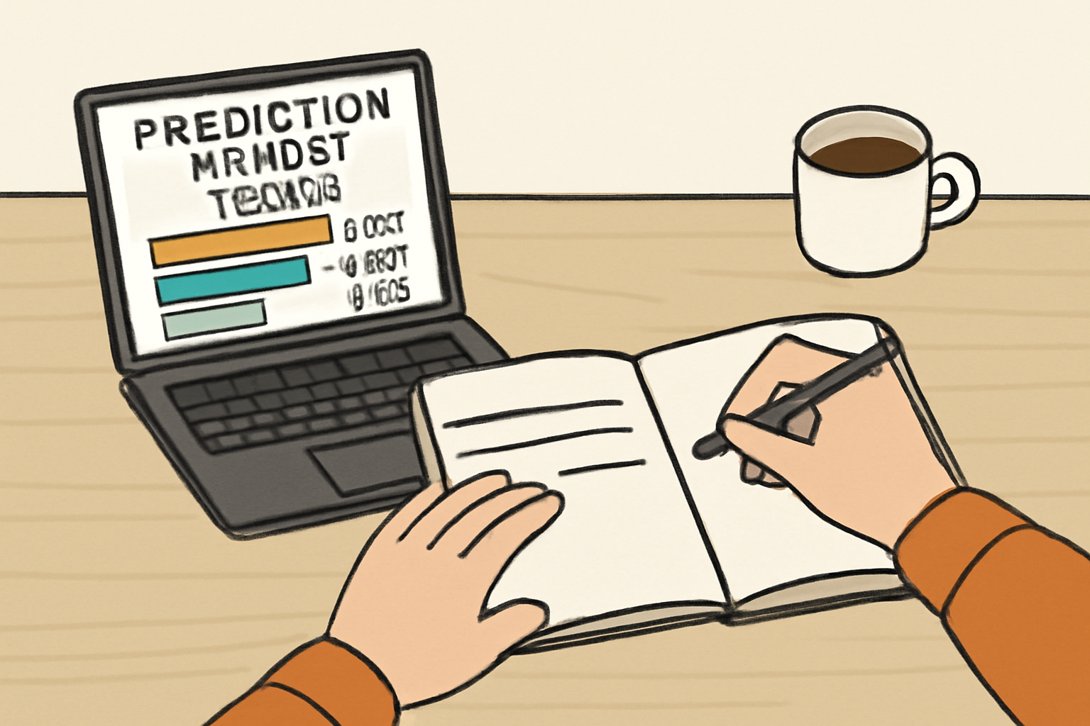 A person writing notes in a journal, with a laptop open to prediction market results and a cup of coffee on the table.