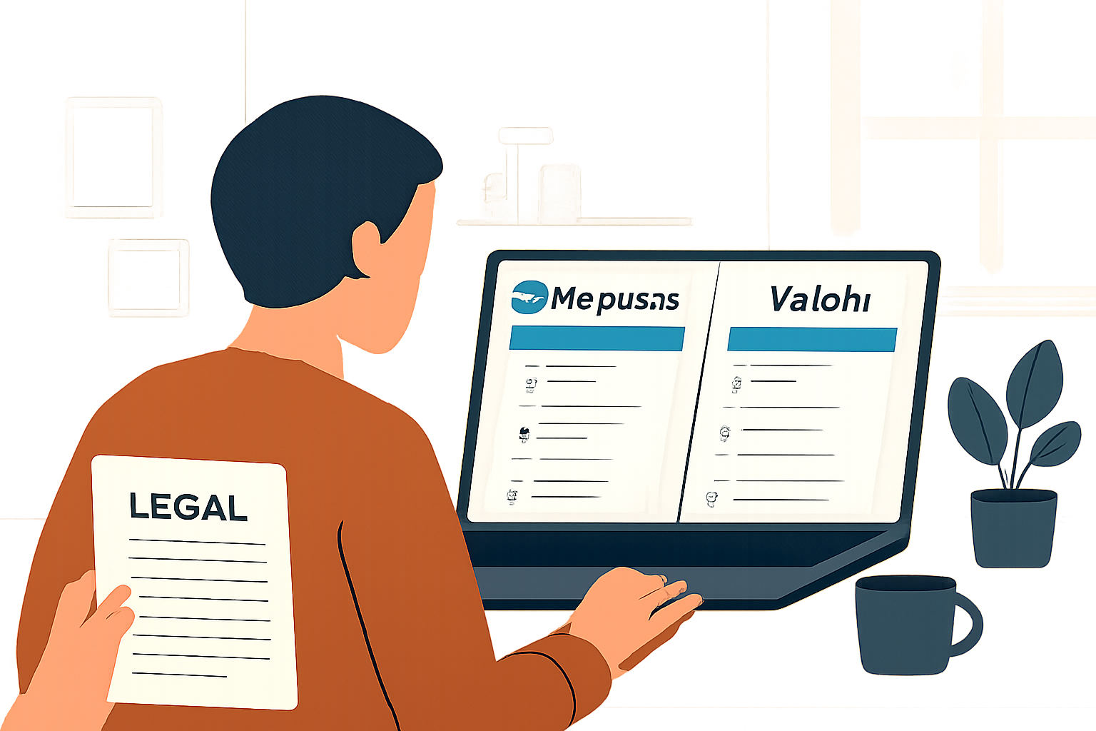 A person reading legal documents and comparing blockchain prediction market websites on a laptop, with Polymarket and Kalshi logos visible, in a modern home office setting.
