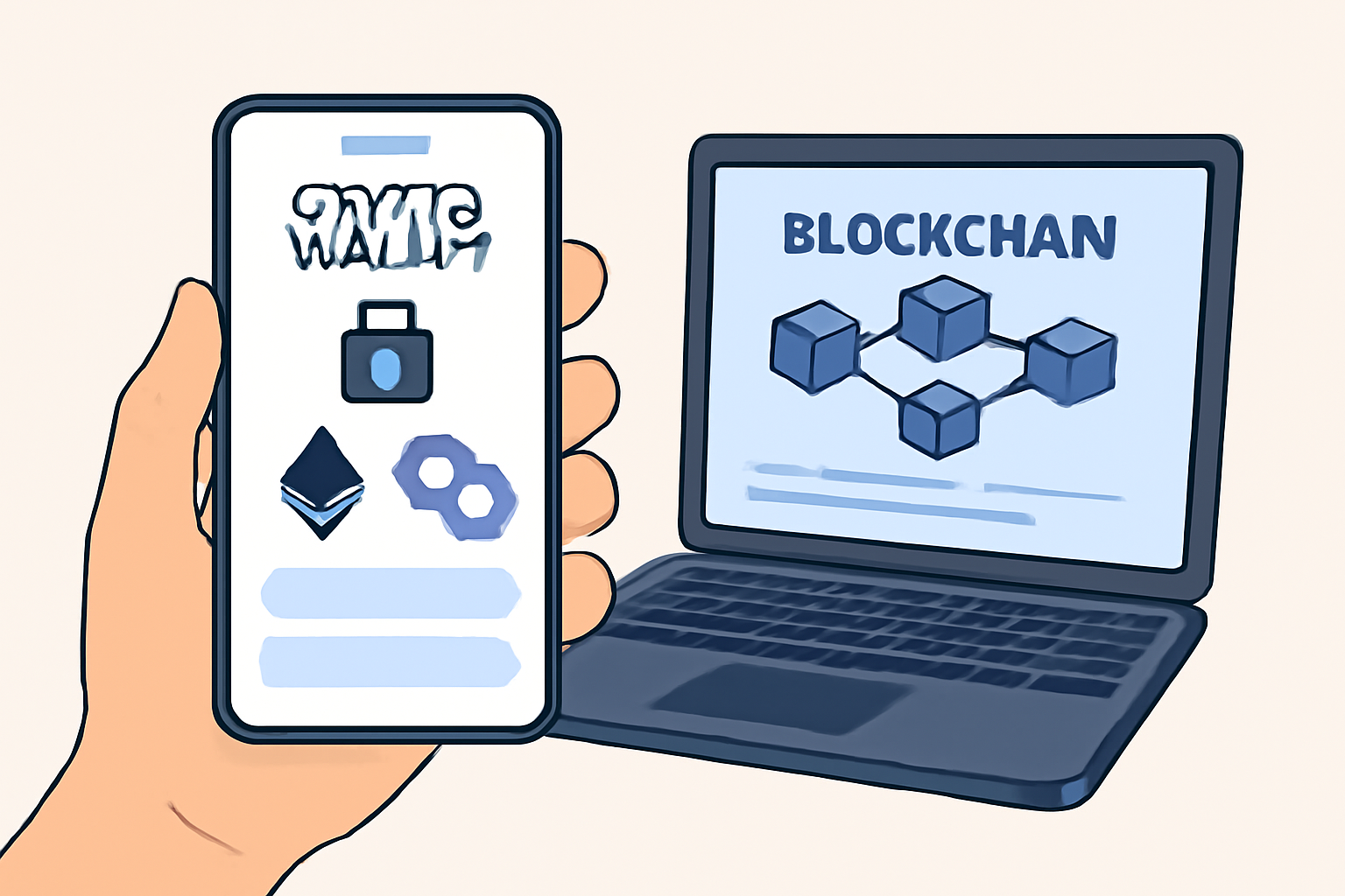 A hand holding a smartphone displaying a secure crypto wallet app with Ethereum and Polygon logos, next to a laptop showing a blockchain transaction.