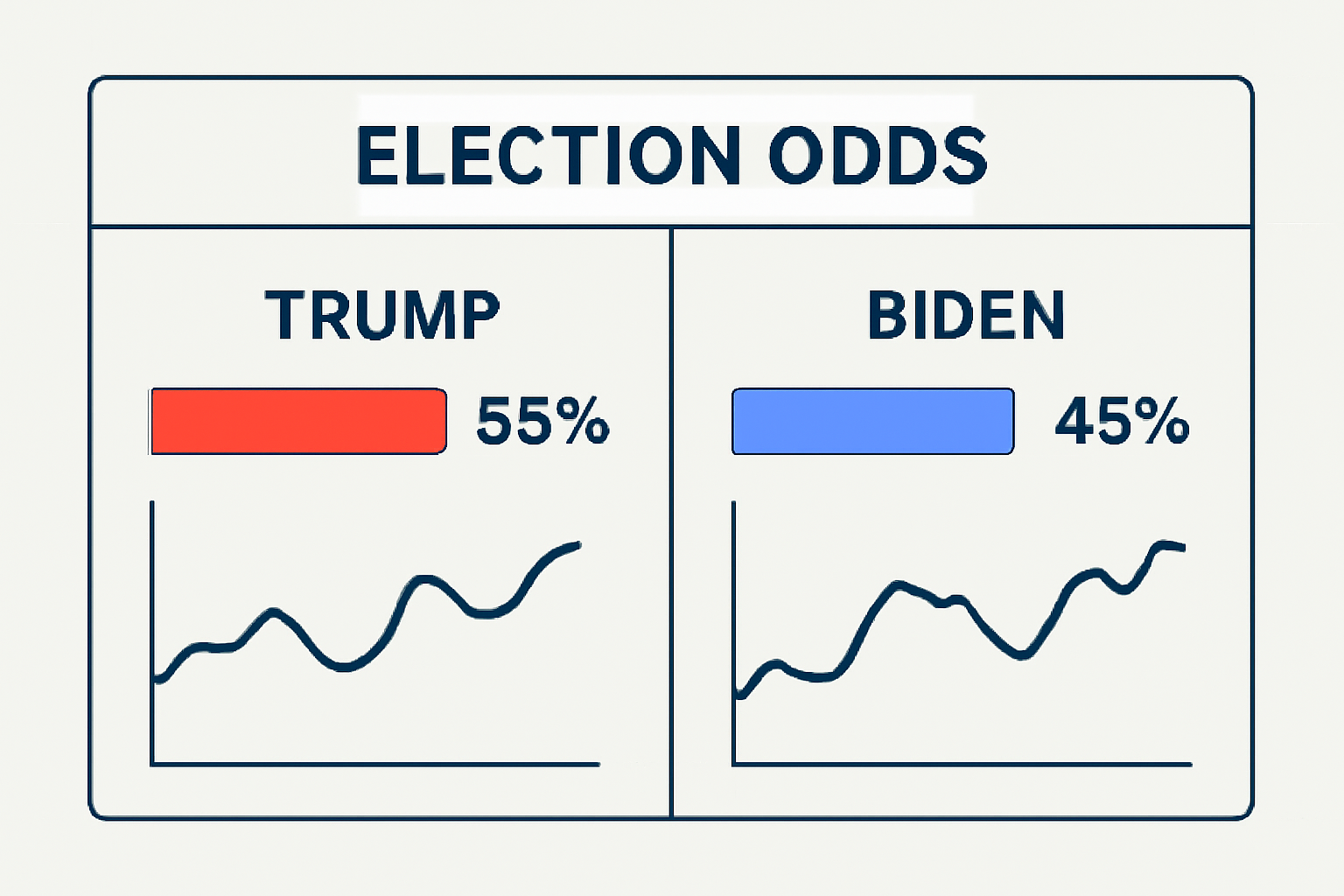 A digital dashboard displaying election odds charts for Trump and Biden, with percentage bars and fluctuating graphs.