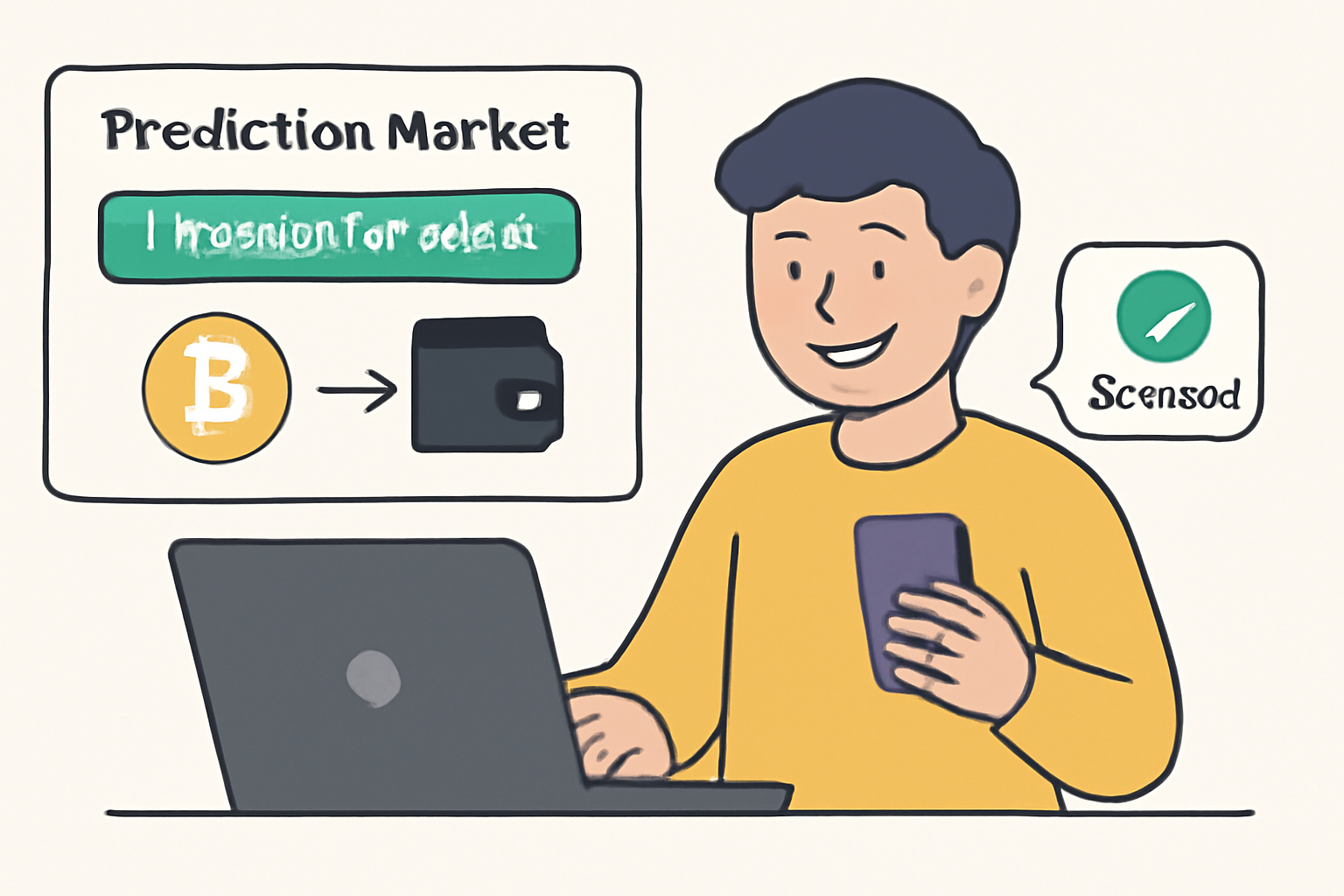 A person smiling while transferring crypto winnings from a prediction market platform to their wallet, with a success notification on the screen.