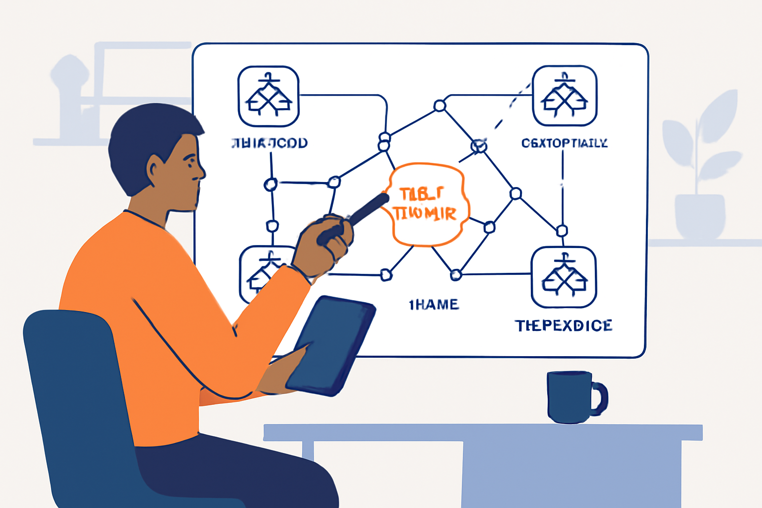 A blockchain developer analyzing a diagram of interconnected blockchains and bridges, highlighting smart contract touchpoints, in a modern workspace.