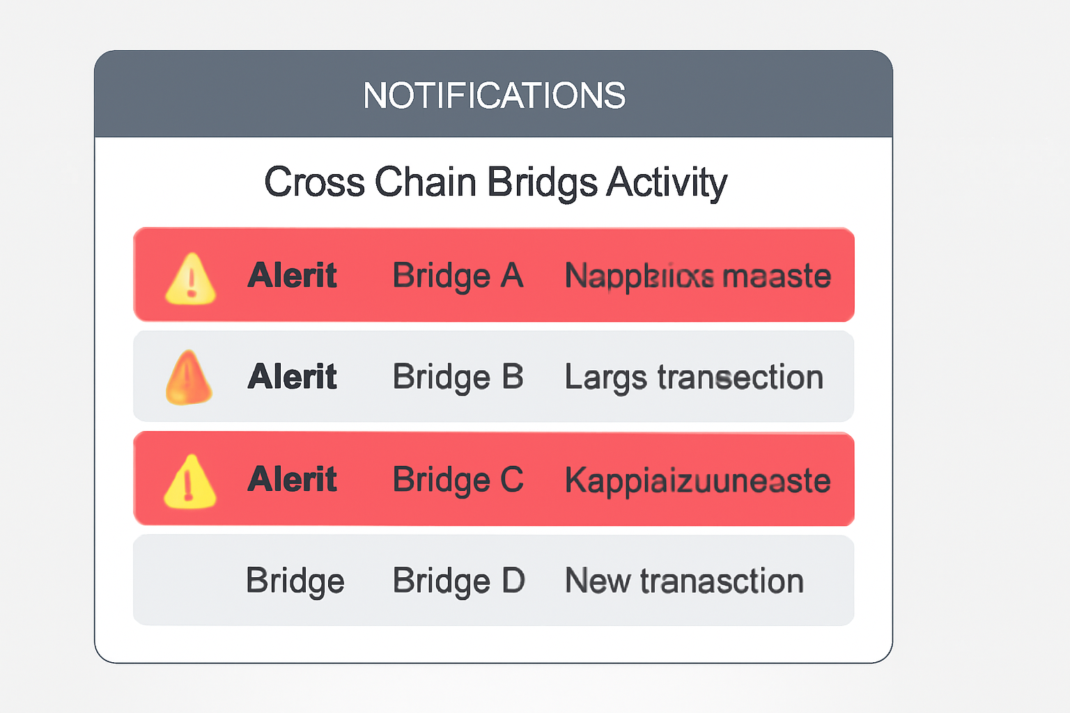 A notification dashboard showing real-time alerts for cross-chain bridge activity, with highlighted warnings and bridge names.