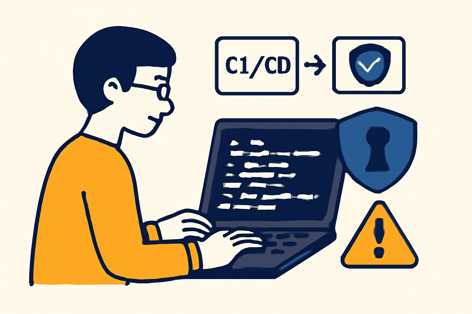 A developer integrating a security scanner into a CI/CD pipeline on a laptop, with code and security alert icons visible.