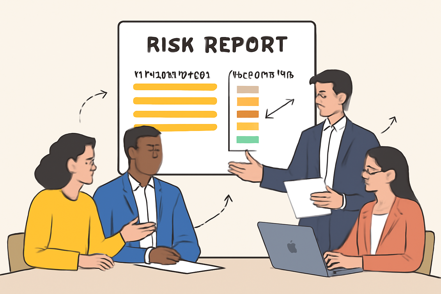A team reviewing a risk report with highlighted vulnerabilities and a risk scoring chart, discussing next actions.