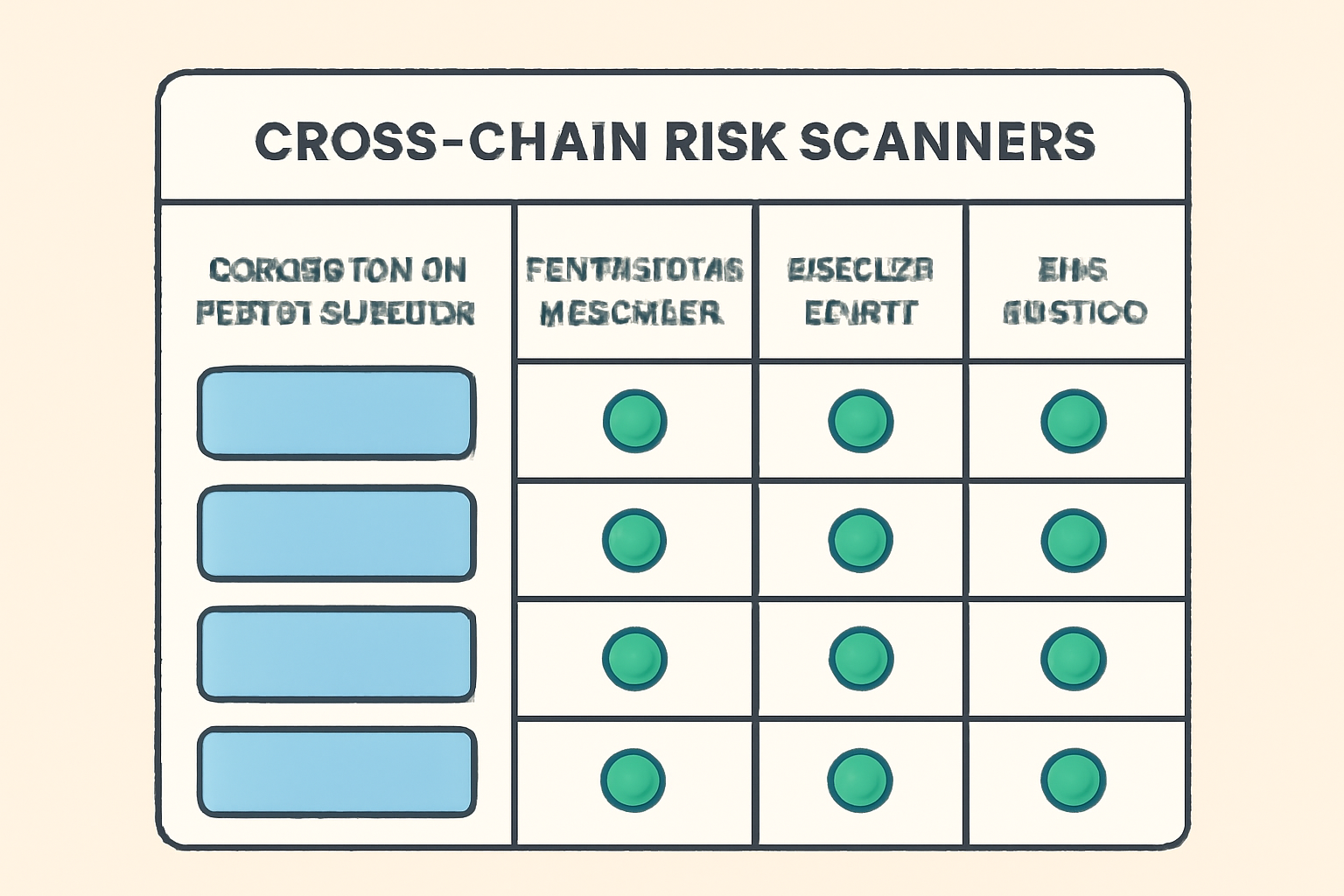 A digital dashboard comparing features of different cross-chain risk scanners, with checkmarks for vulnerability scanning, real-time alerts, and risk scoring.