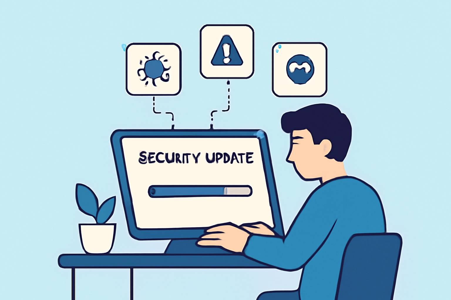 A developer updating security software with a progress bar and icons representing new threat intelligence data flowing in.