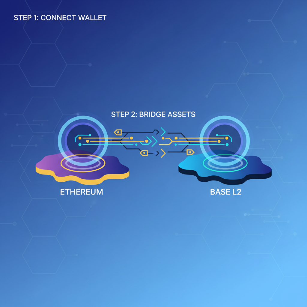 bridge connecting Ethereum to Base L2 network, glowing portal with crypto flows