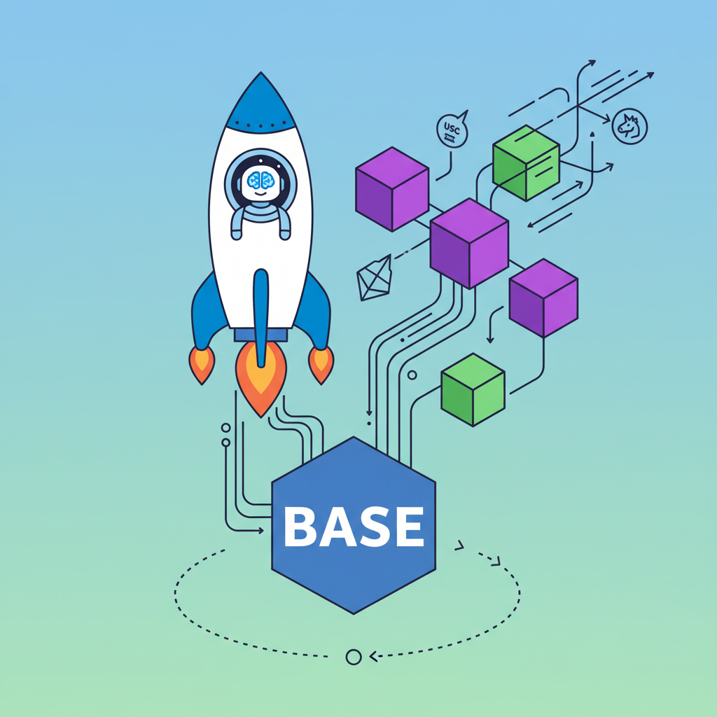 Rocket launching AI agent onto Base blockchain with Uniswap trades firing in background