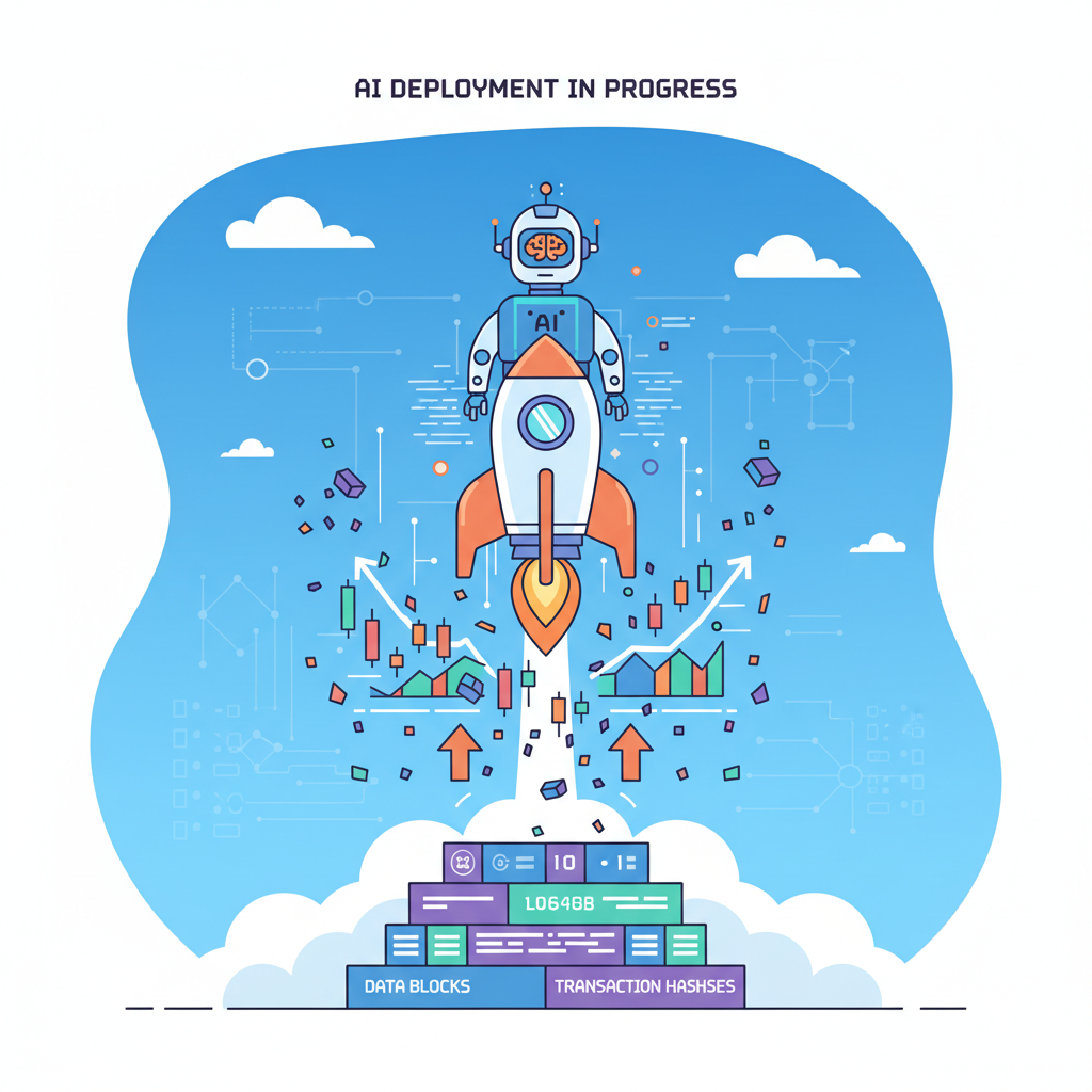 AI agent deploying to blockchain, rocket launch with trading charts exploding