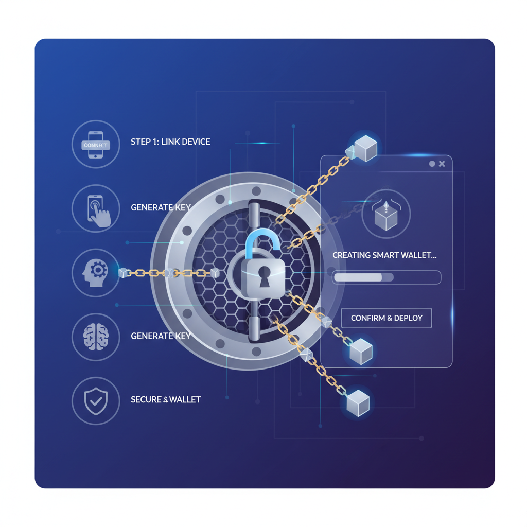 smart crypto wallet creation interface, metallic vault unlocking with blockchain links