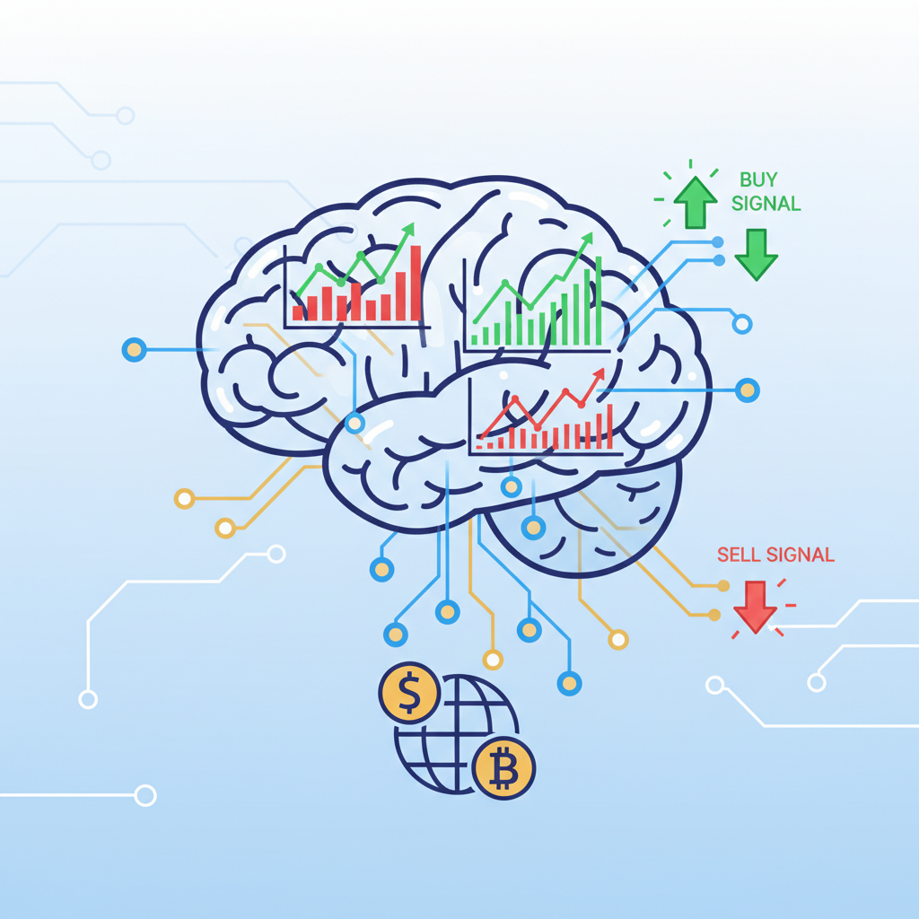 AI brain analyzing crypto charts, neural networks firing on trading signals