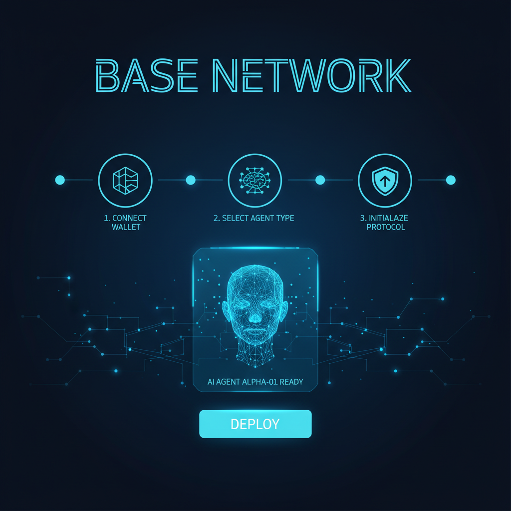 futuristic AI agent initialization dashboard on Base blockchain, glowing blue holograms