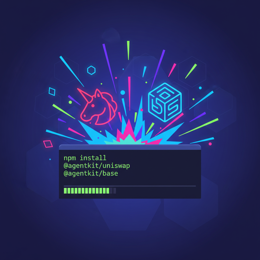 Command line installing AgentKit packages with Uniswap and Base logos exploding in neon