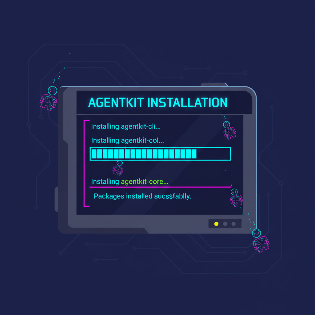 developer terminal installing agentkit packages, neon cyberpunk style, futuristic code glow