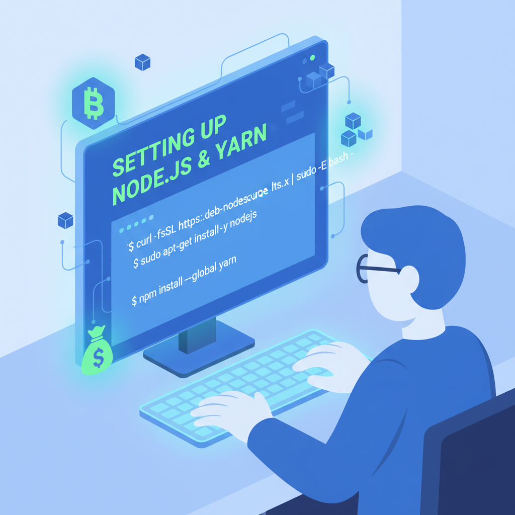 Developer setting up Node.js and Yarn on a futuristic terminal with Base blockchain icons glowing