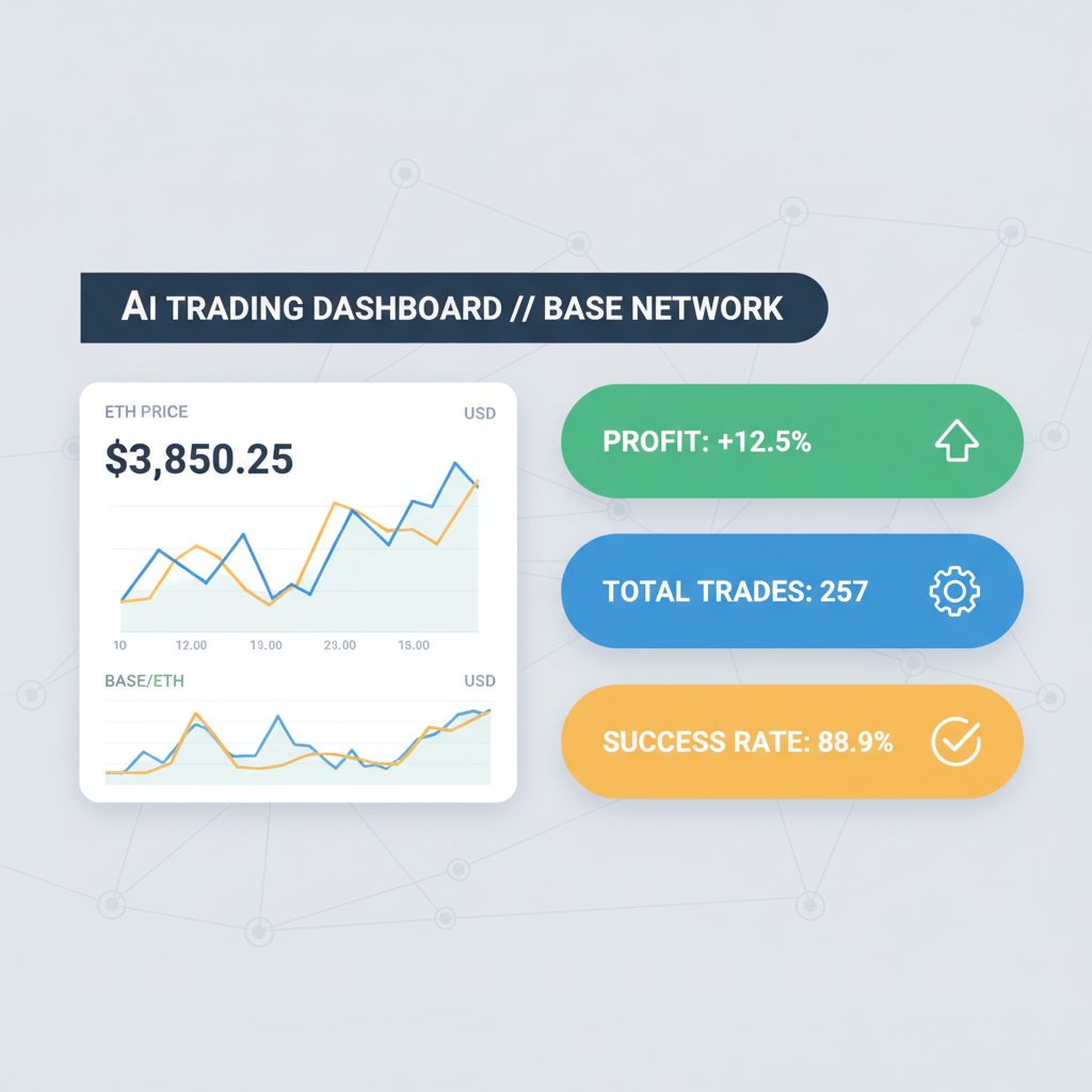 Dashboard monitoring AI agent trades on Base with live ETH price charts and success metrics