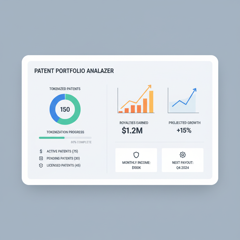 modern investor dashboard displaying tokenized patent metrics and royalties