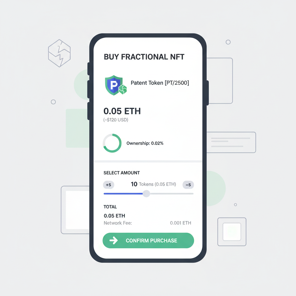 crypto wallet interface buying fractional NFT patent token