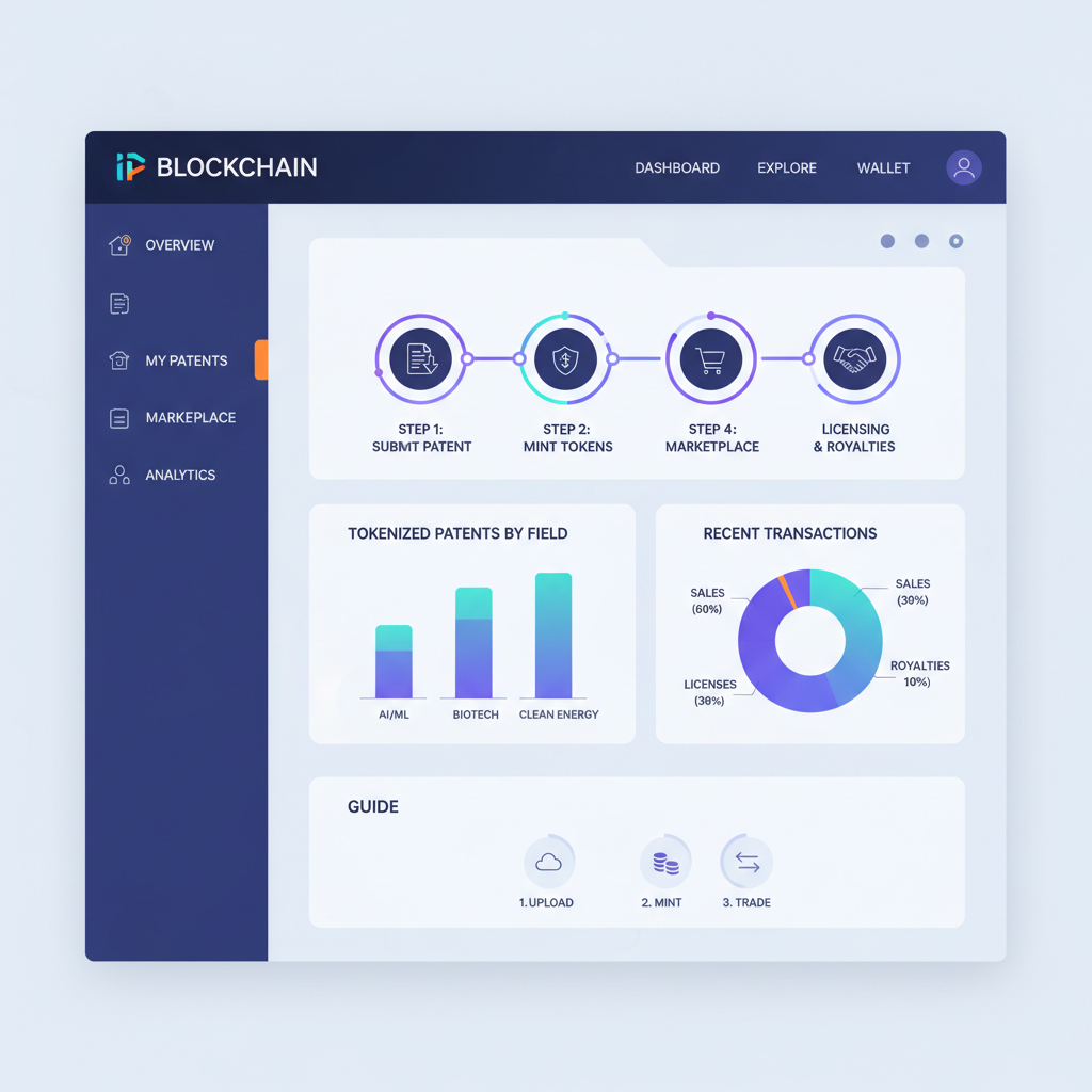 sleek blockchain platform dashboard for tokenized patents, futuristic UI with charts