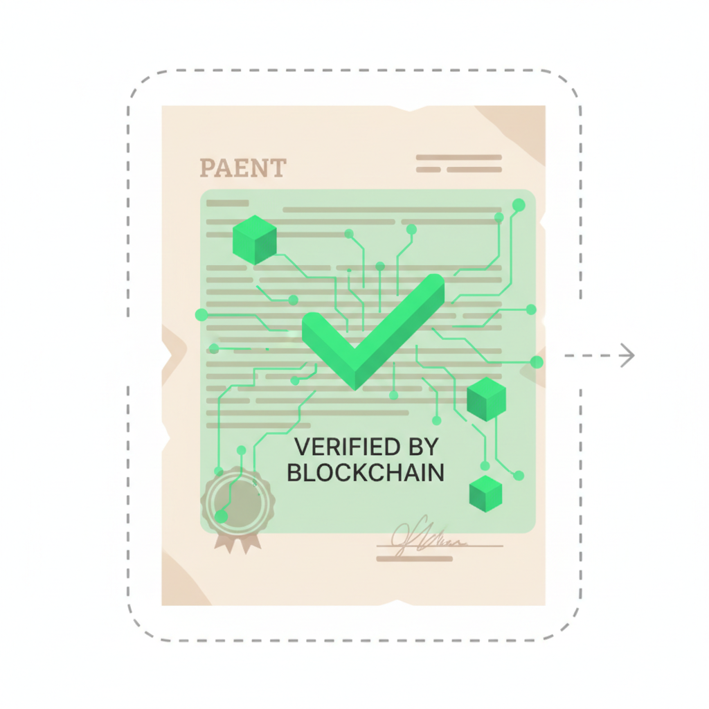 official patent document scanned with green blockchain verification overlay