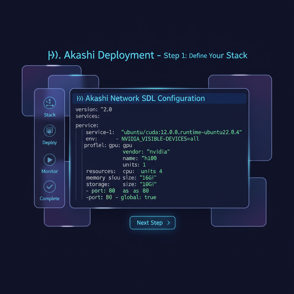 /akashi network sdl yaml code h100 gpu spec futuristic ui