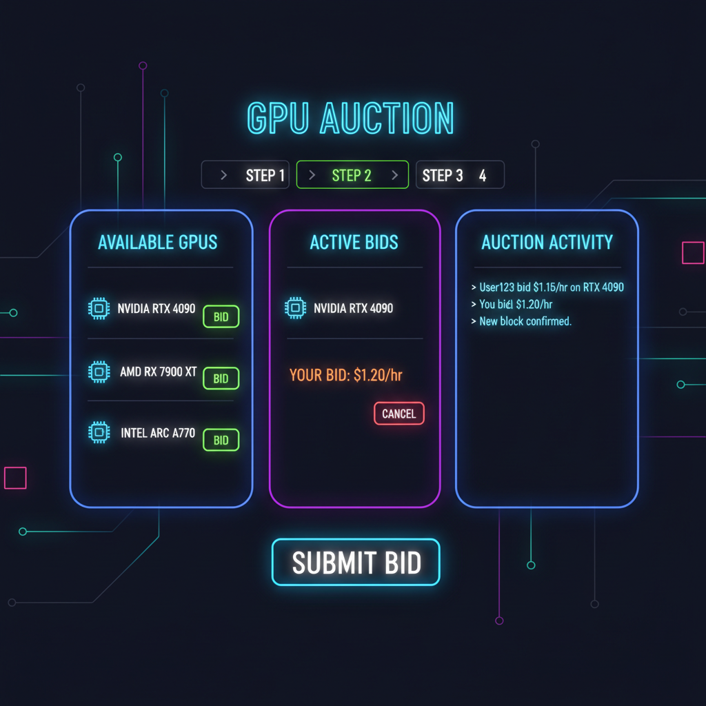 akash console bidding interface gpu auction dashboard neon glow