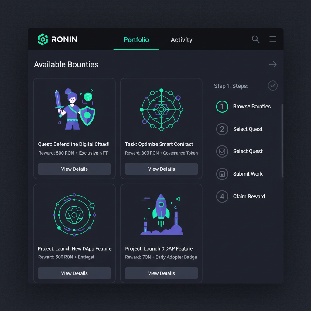 sleek Ronin wallet app interface open to Bounties tab, futuristic blockchain UI, dark mode