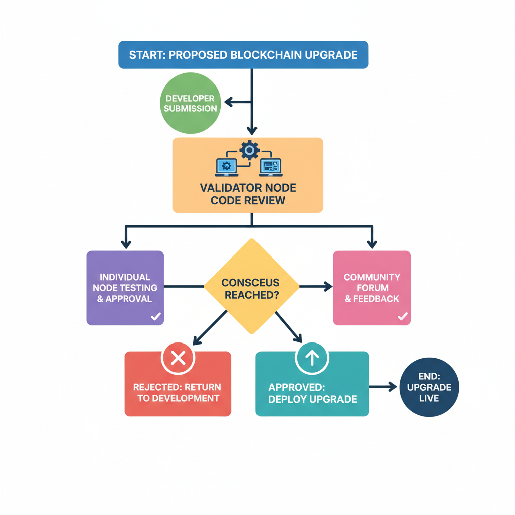 abstract validator review process flowchart for blockchain upgrade, nodes checking code