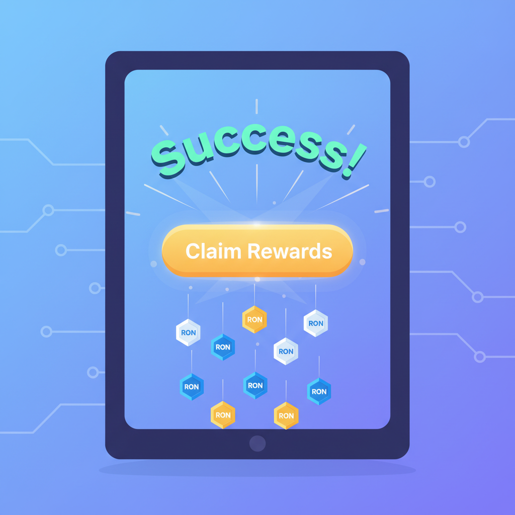 Ronin wallet claim rewards button glowing, RON tokens raining, success animation