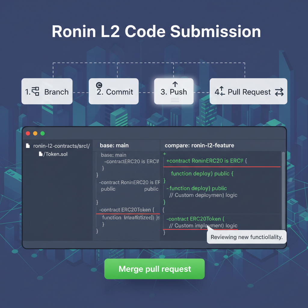 GitHub pull request screen for Ronin L2 code submission, developer workflow, code syntax highlight