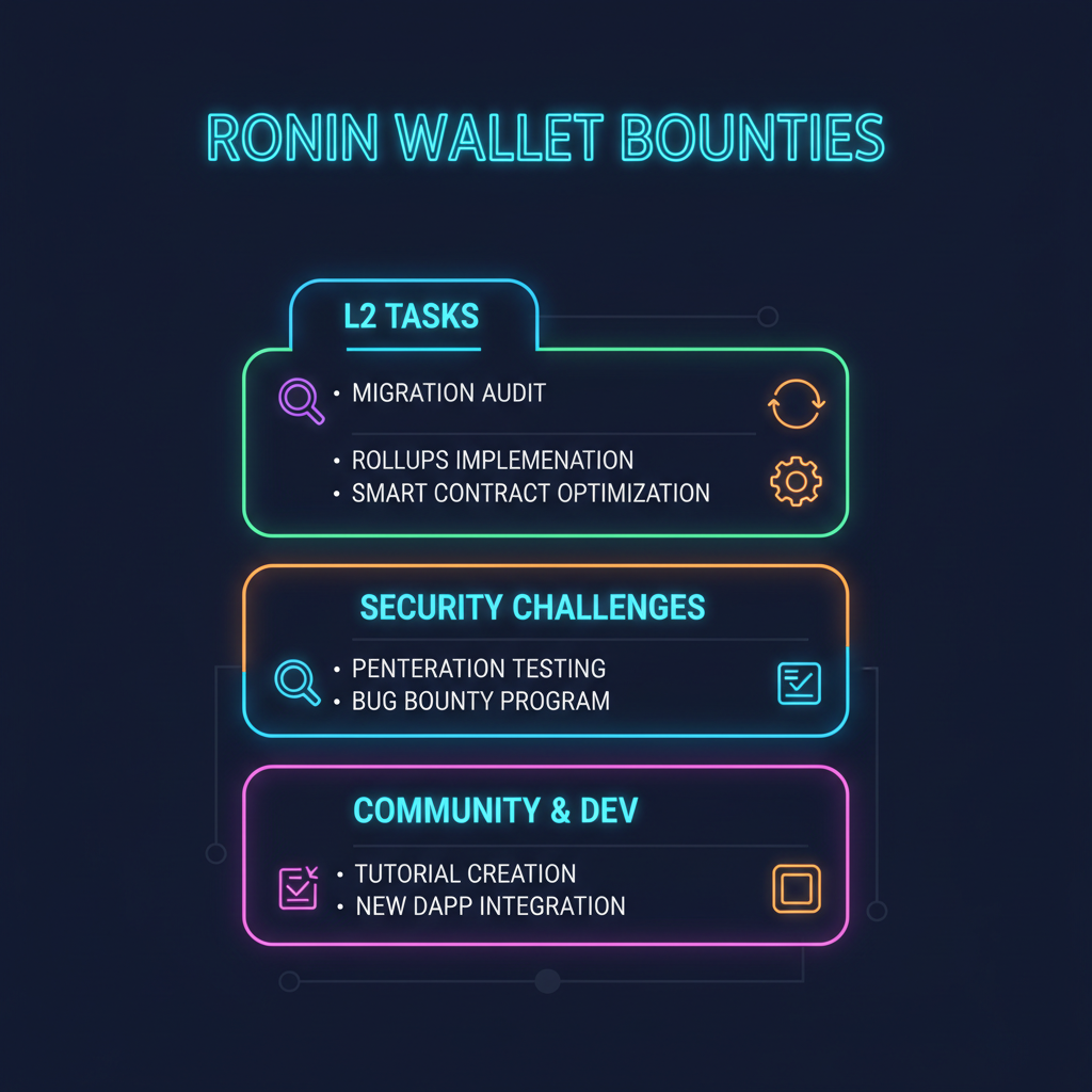 Ronin wallet bounties list highlighting L2 tasks like migration audit and rollups, neon accents