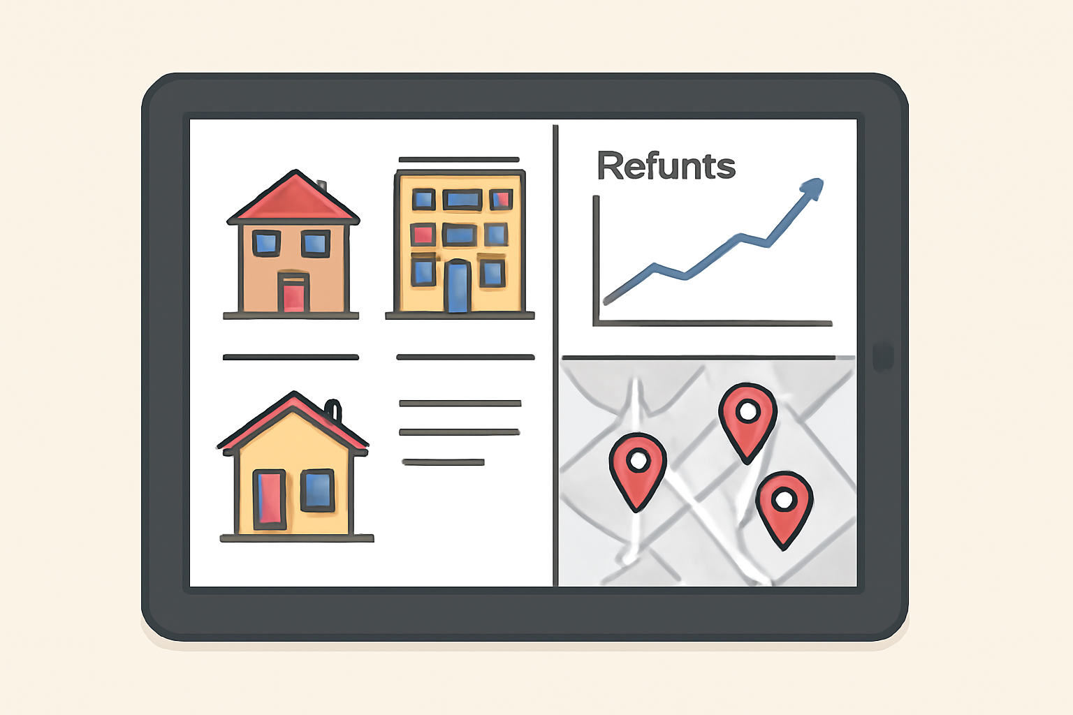 A tablet displaying a dashboard with images of various properties, graphs showing returns, and location pins on a map.