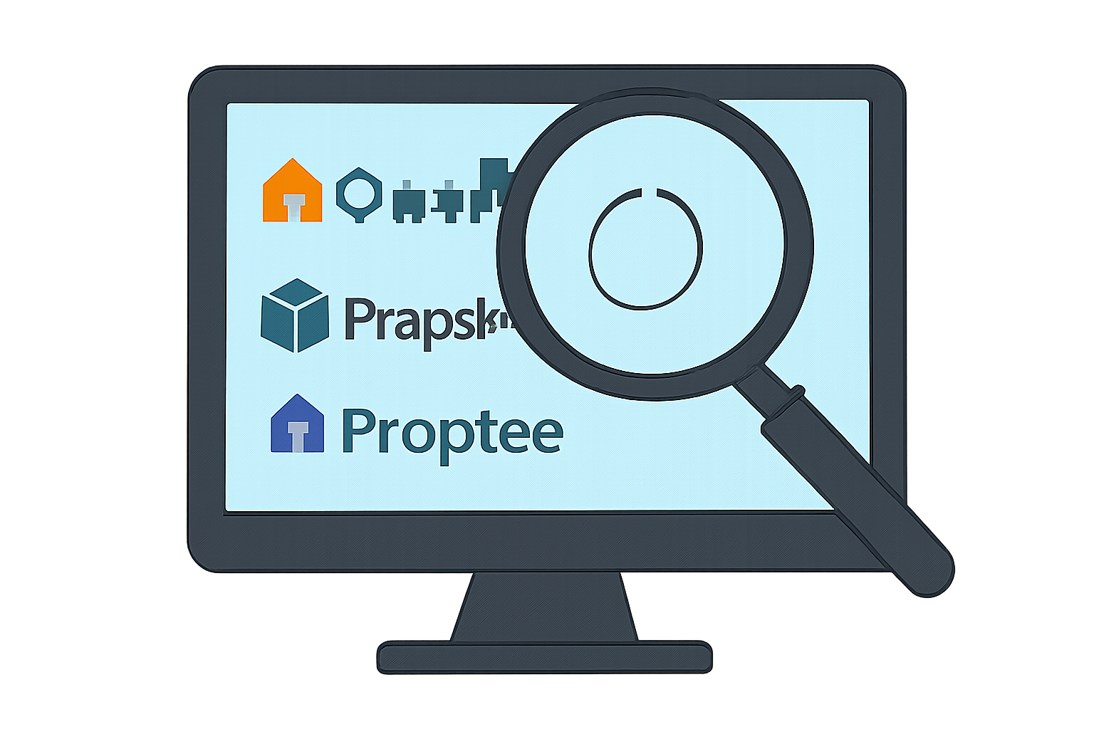 A computer screen displaying logos of OwnProp, PropShare, and Proptee, with a magnifying glass hovering over them, symbolizing research and selection.