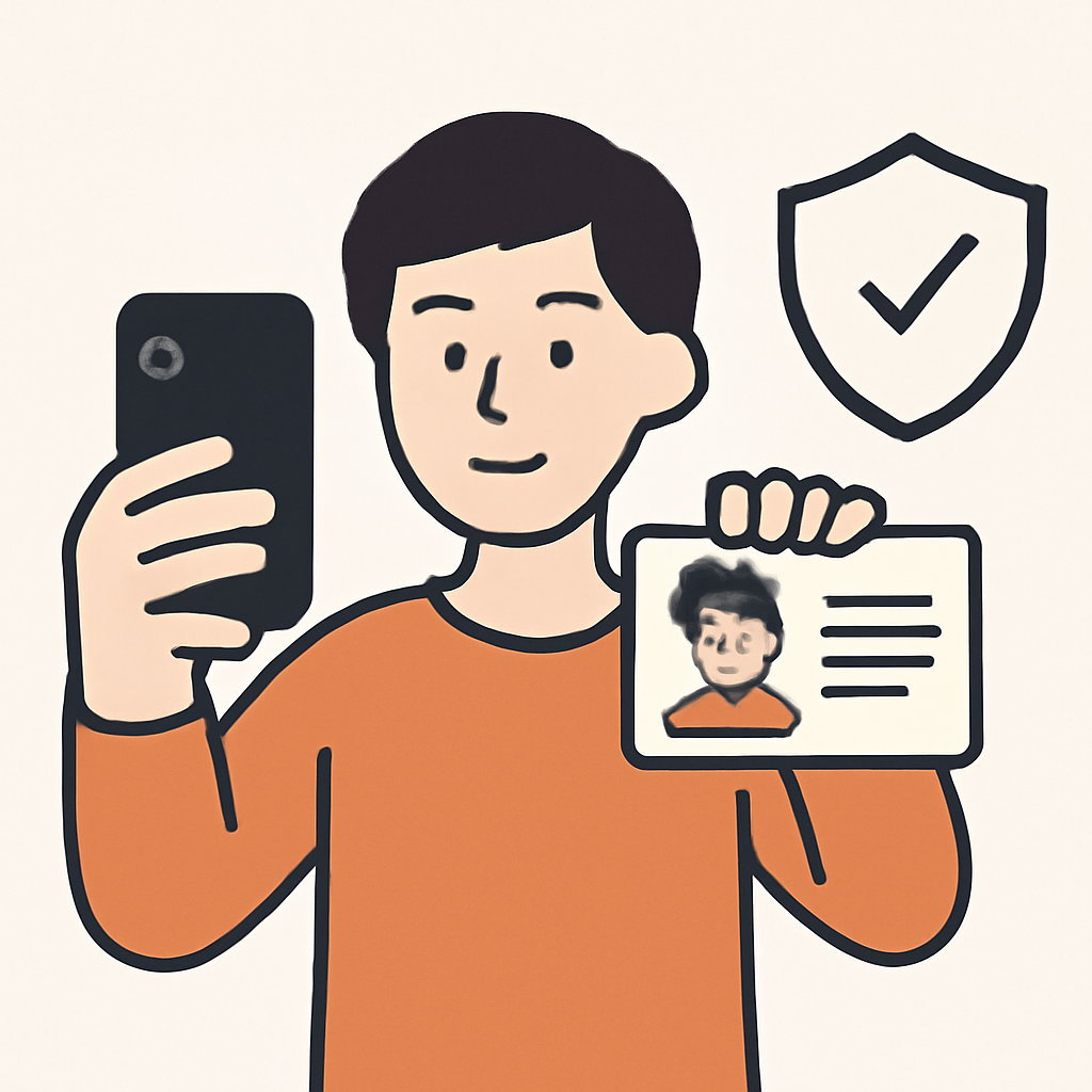 A person holding up an ID card and taking a selfie with their smartphone, with a digital shield icon representing security.