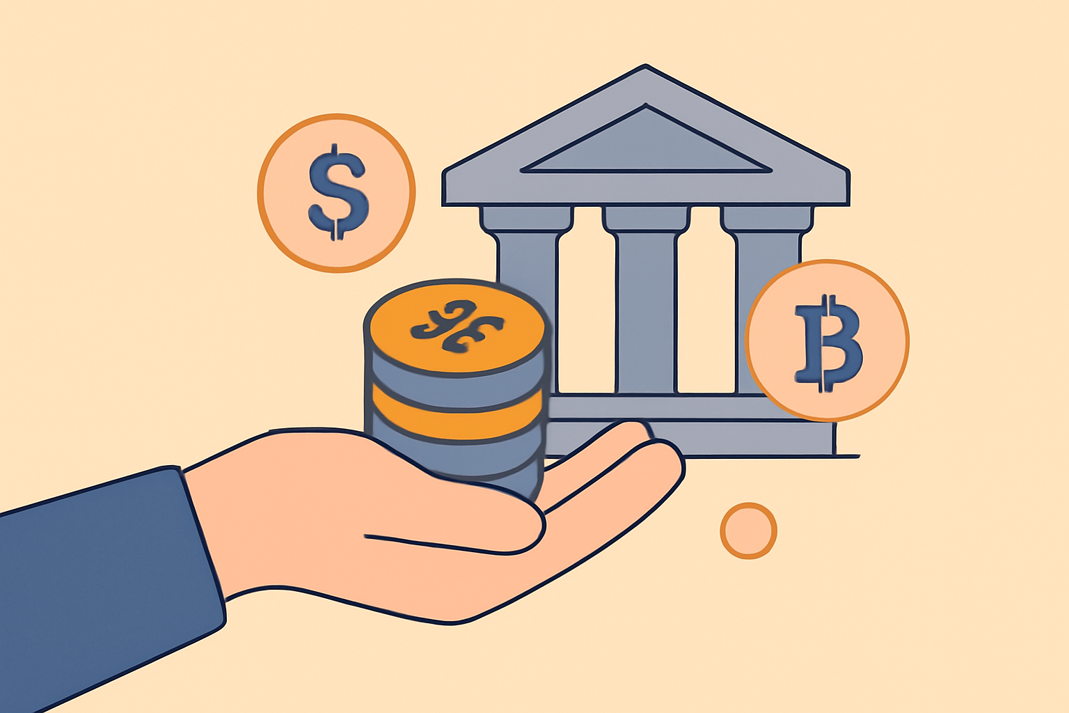 A hand holding digital tokens in front of a stylized building, with currency symbols like $ and ₿ floating nearby.