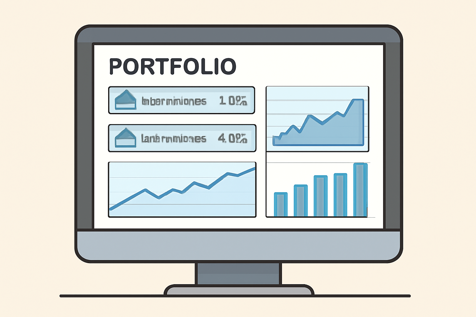 A computer screen showing a portfolio dashboard with rental income notifications and graphs of property value trends.
