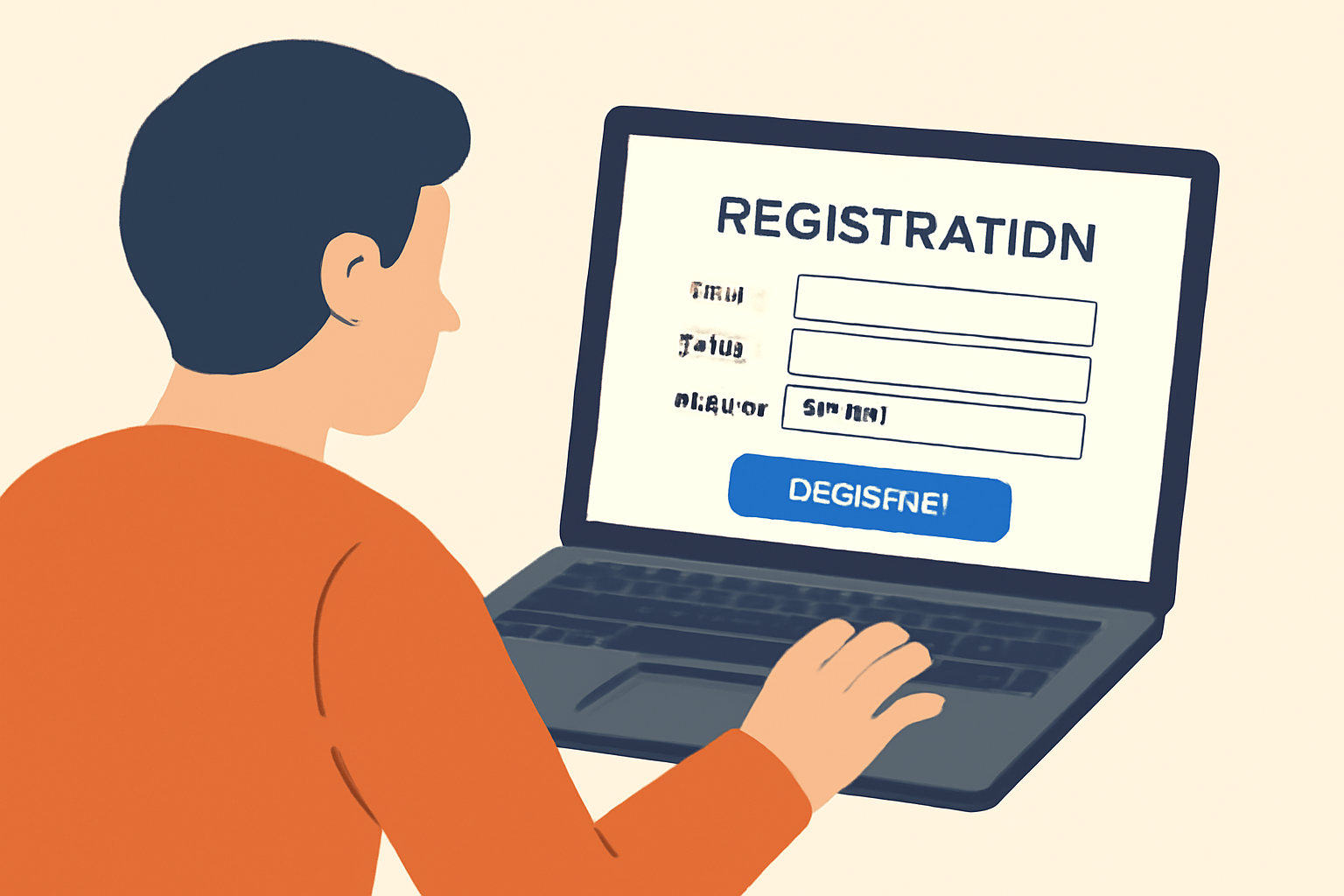 A user filling out a digital registration form on a laptop, with fields for name, email, and password clearly visible.