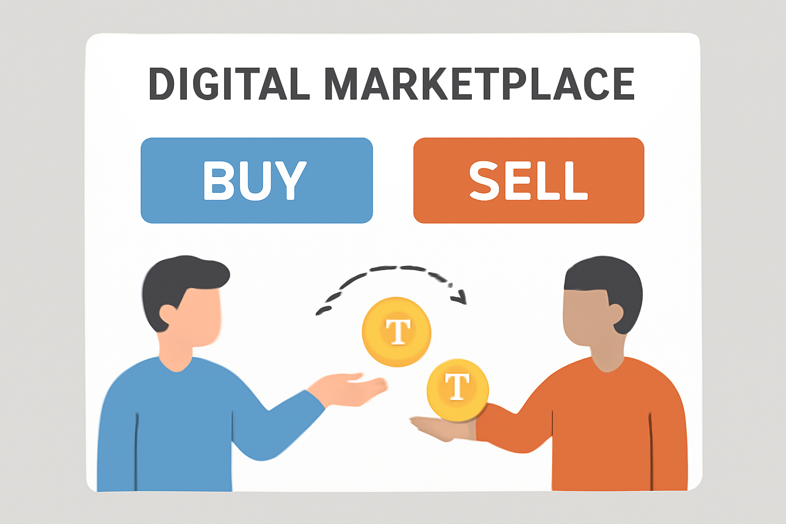 A digital marketplace interface with buy and sell buttons, and token icons exchanging hands between users.