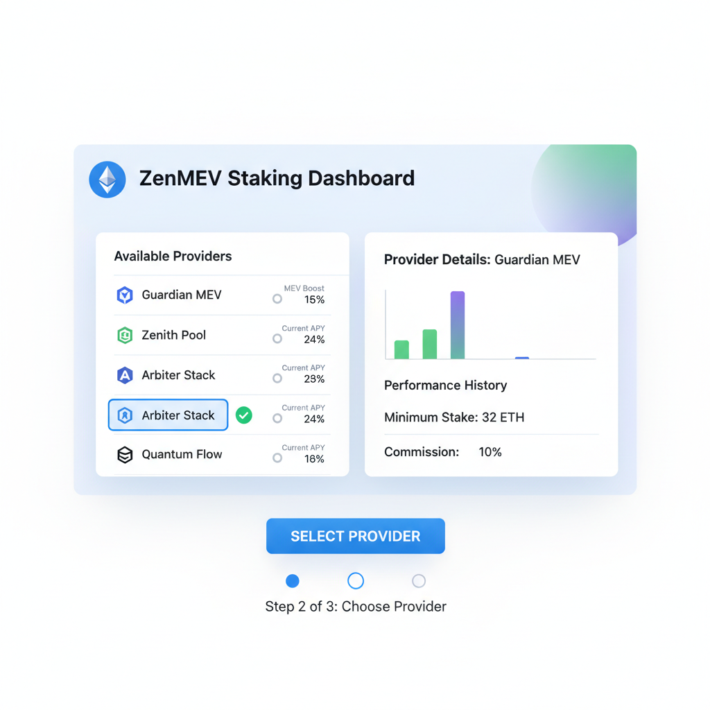 professional UI selecting ZenMEV staking provider, Ethereum logo, clean dashboard
