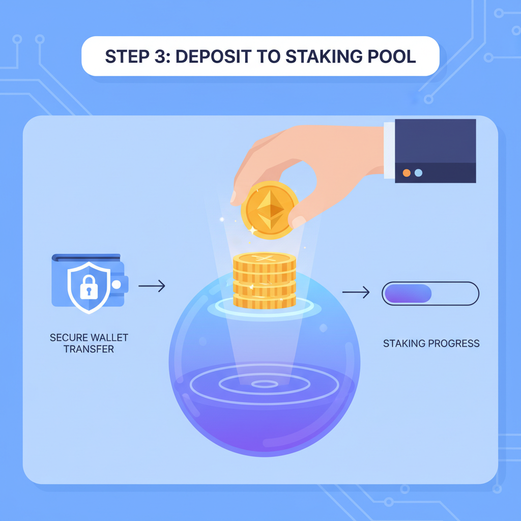 user depositing glowing ETH coins into staking pool interface, secure wallet transfer
