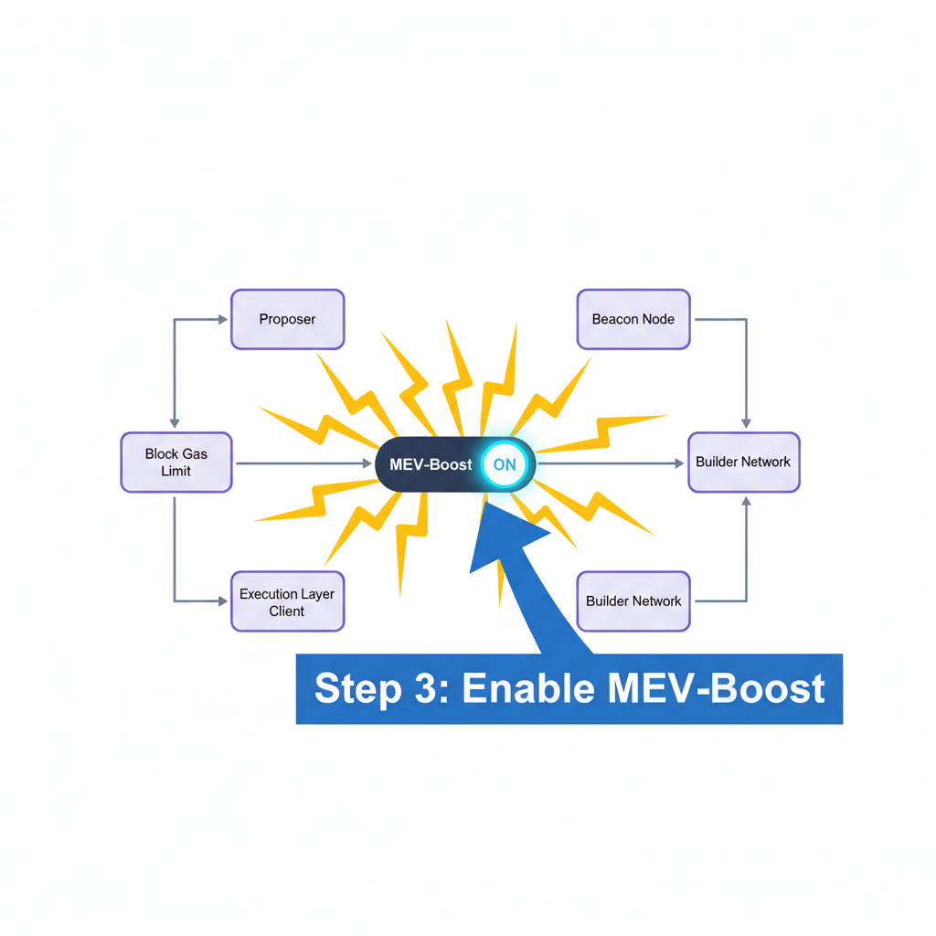 toggle enabling MEV-Boost switch, lightning effects, Ethereum validator network diagram