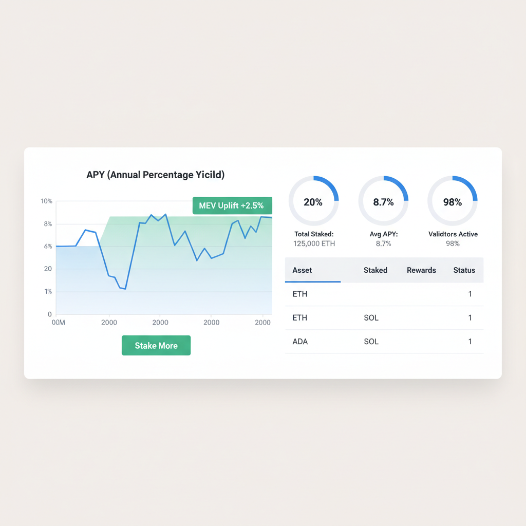 staking dashboard with APY charts, MEV uplift highlighted in green, performance metrics