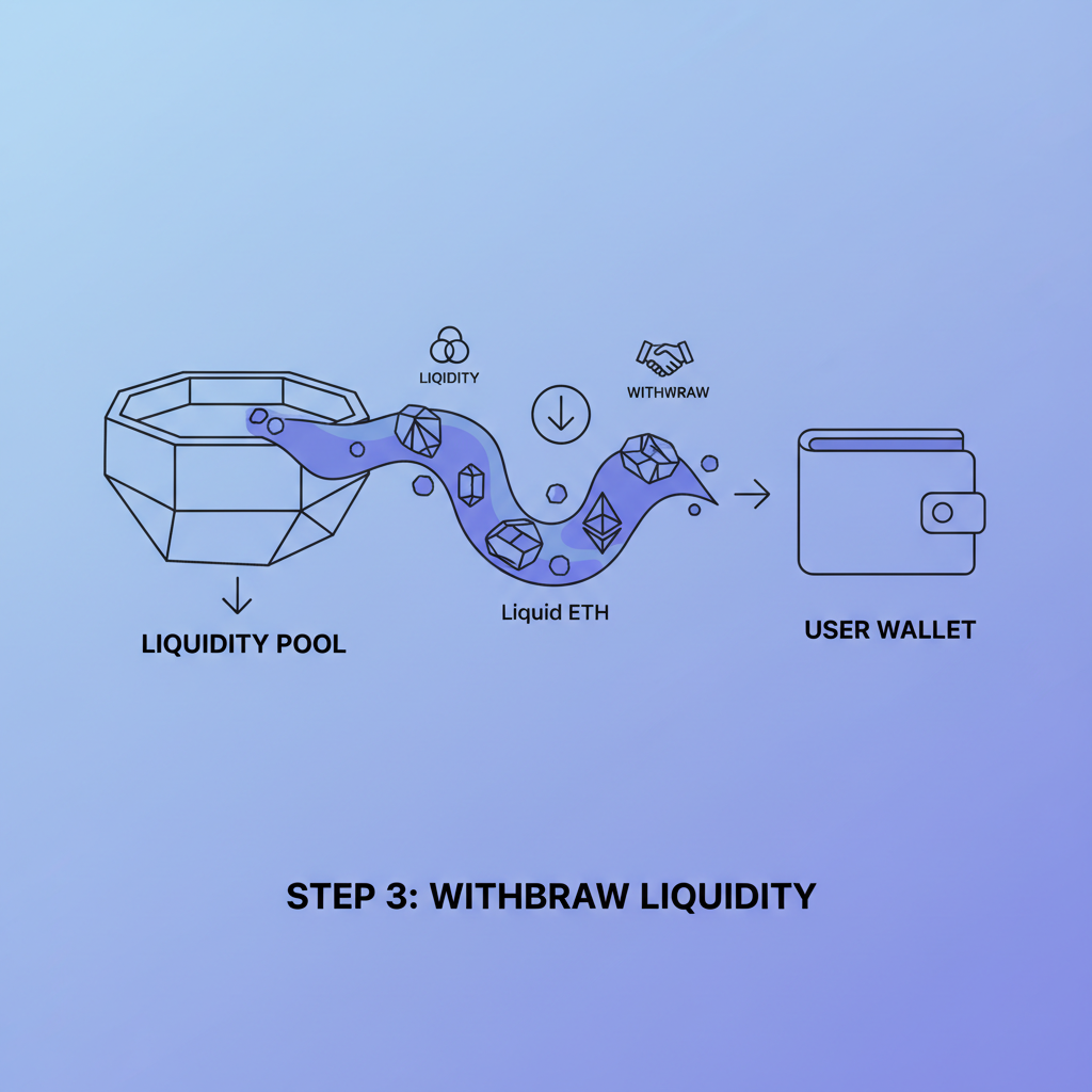 liquid ETH tokens withdrawing from pool, seamless flow to user wallet, liquidity icons
