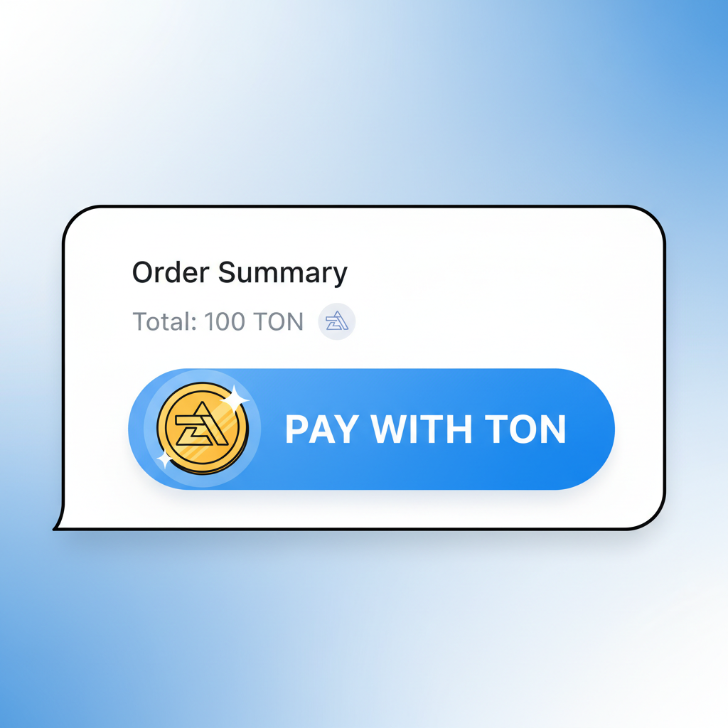 Telegram Mini App payment button UI, shiny TON coin, checkout flow design mockup