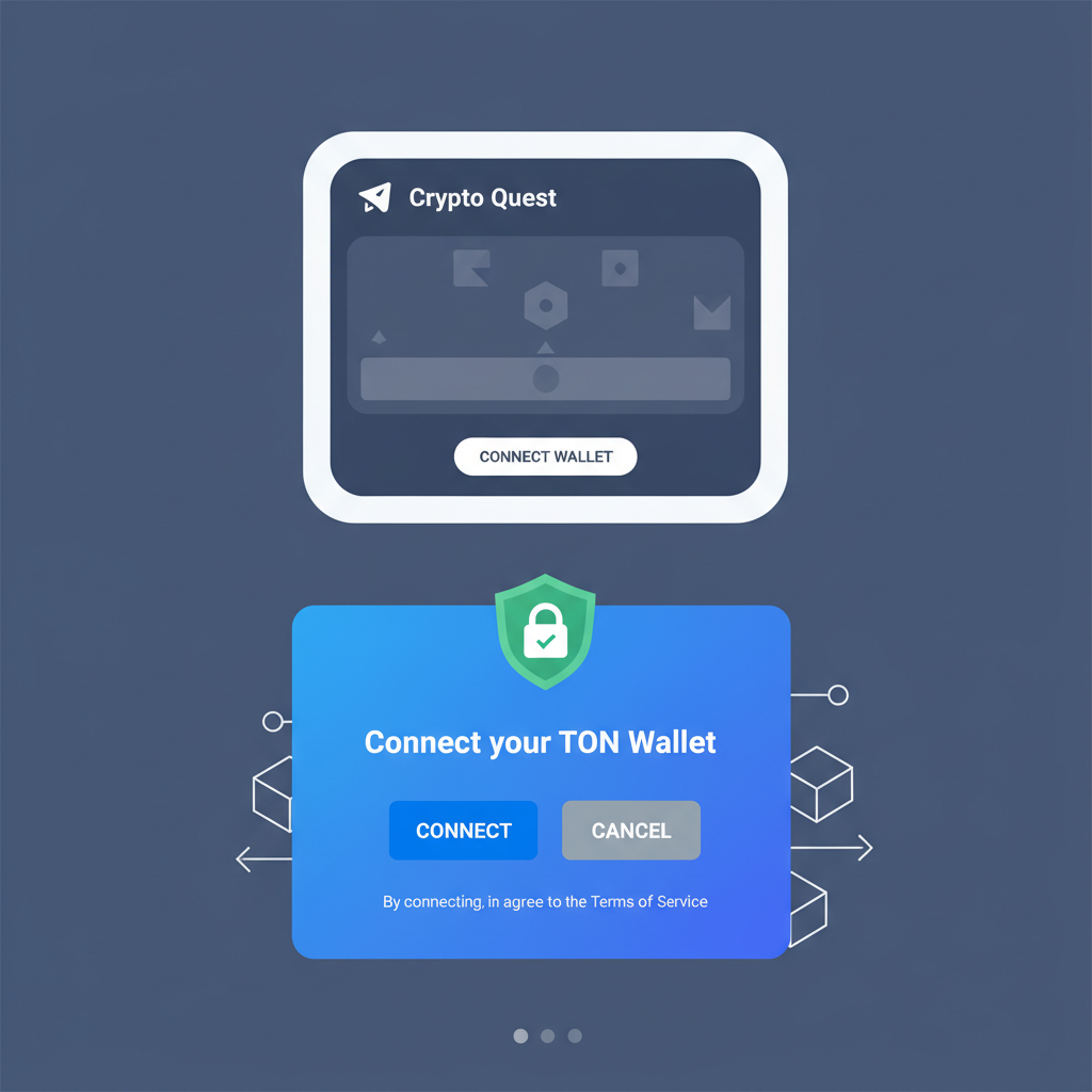 User connecting TON wallet in Telegram Mini App, wallet popup interface, secure lock icon