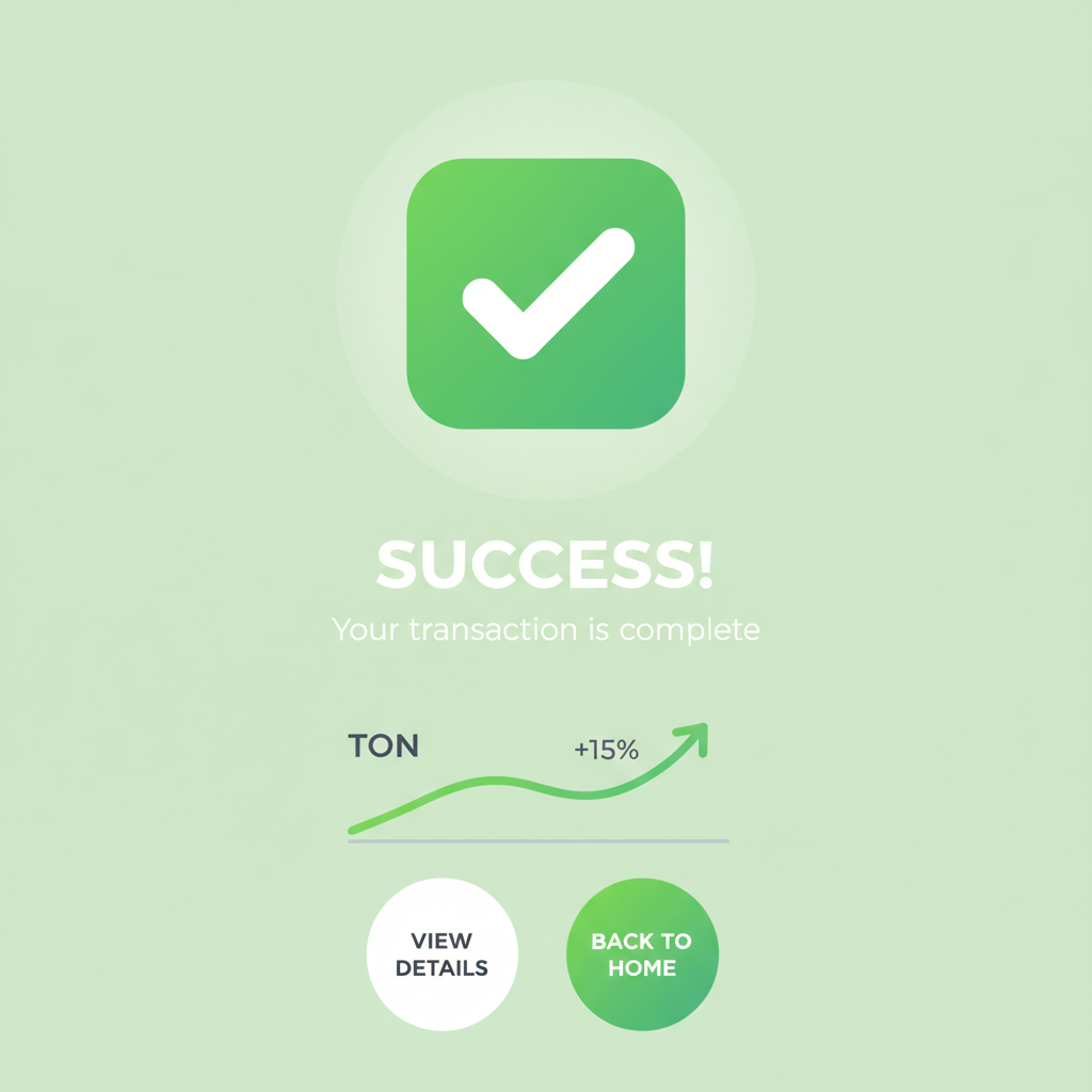 Success confirmation screen in Mini App, green checkmark, TON price chart rising