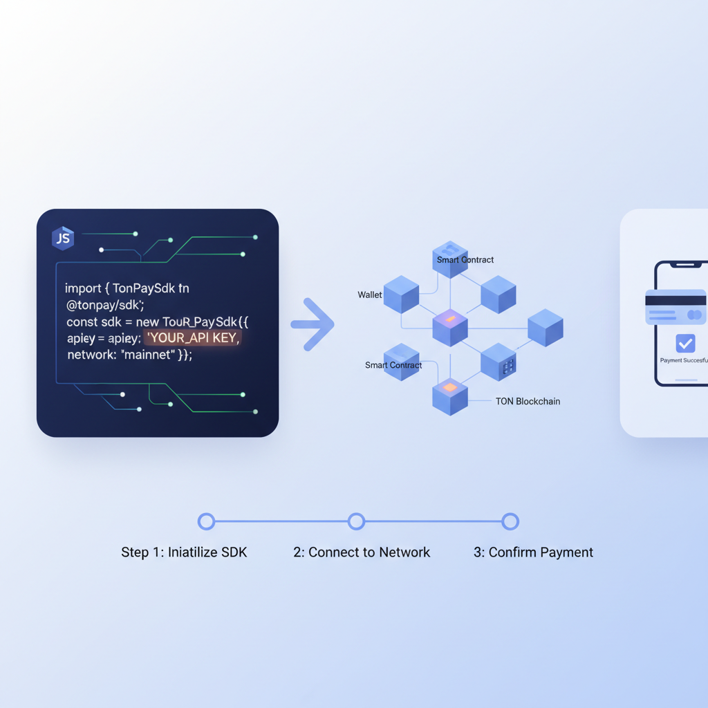 JavaScript code snippet initializing TON Pay SDK, glowing API keys, blockchain network diagram